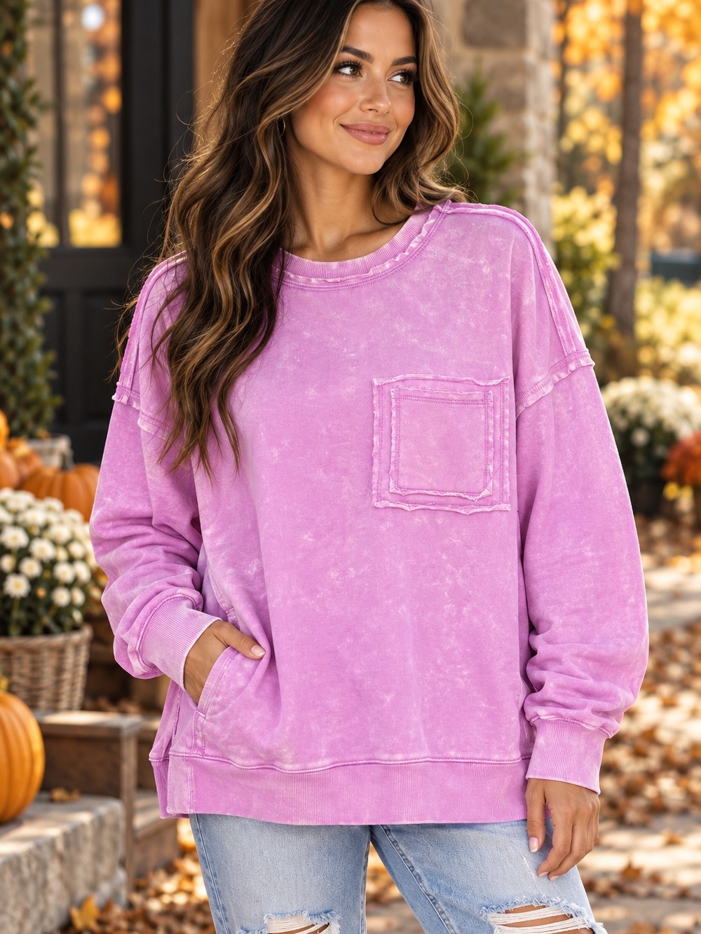 Zenana Mineral-Washed French Terry Pocket Sweatshirt – Mauve 💕💜